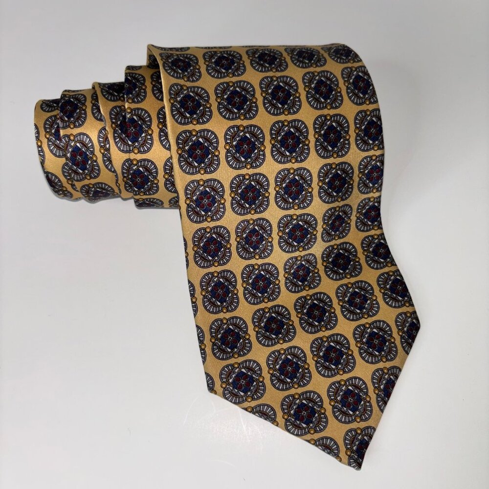 Robert Talbott Yellow Medallion Pattern Silk Tie 3.75” USA